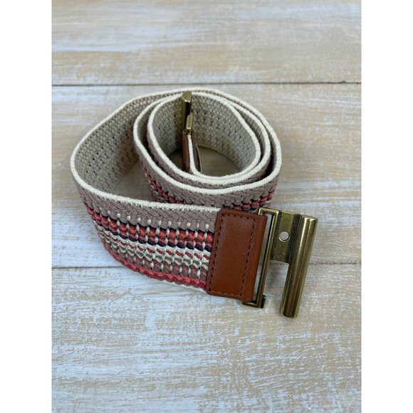 LOFT Boho Stretch Belt Brown Beige Red Stripe Elastic Band w/Faux Leather Trim - Picture 8 of 10